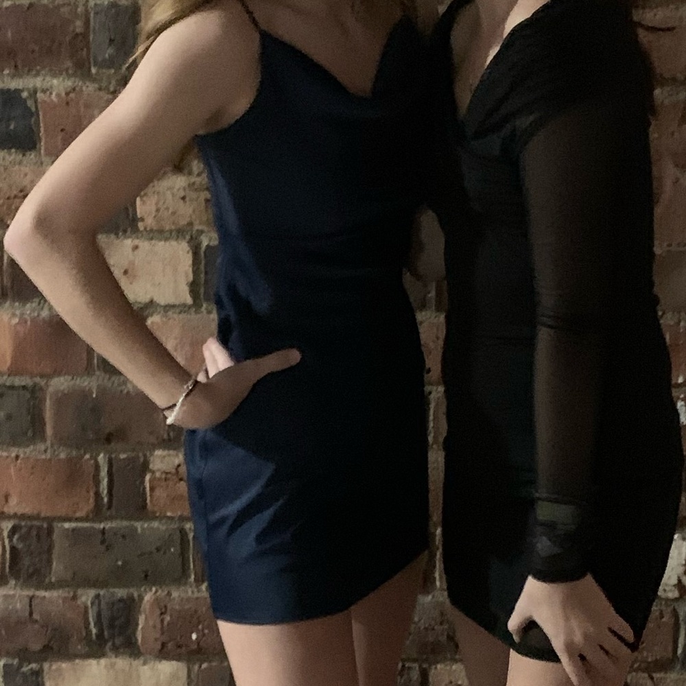UO satin cowl neck dress navy